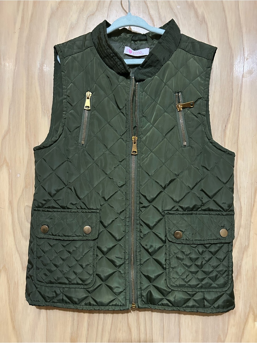 I ❤️ Pinc Quilted Olive Green Vest with Gold Hardware